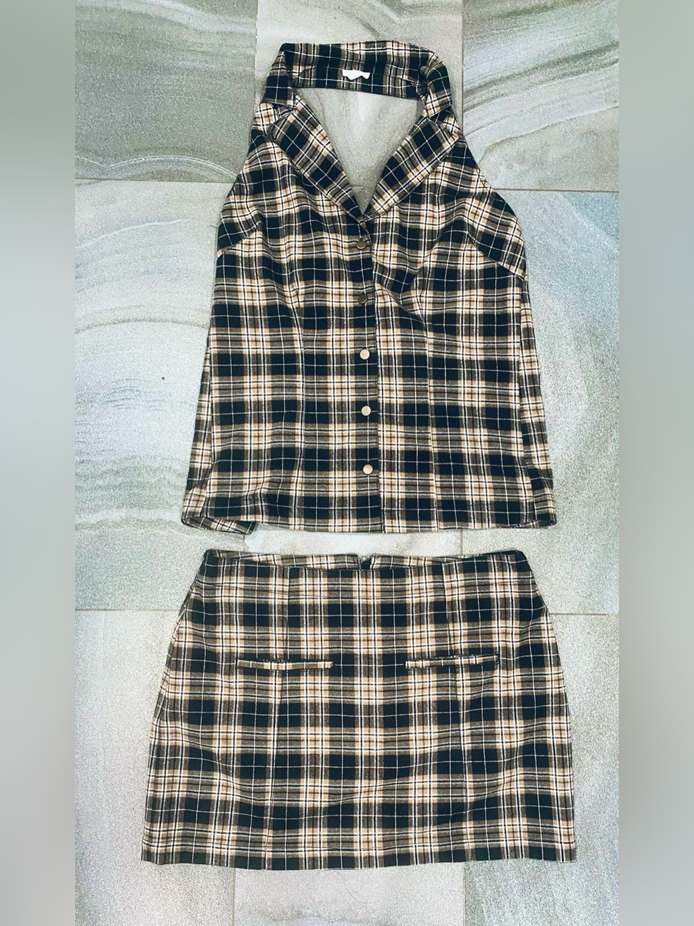 Pilcro Anthropologie 2 Piece Set Halter Backless Top Plaid Mini Skirt Sz L NWOT